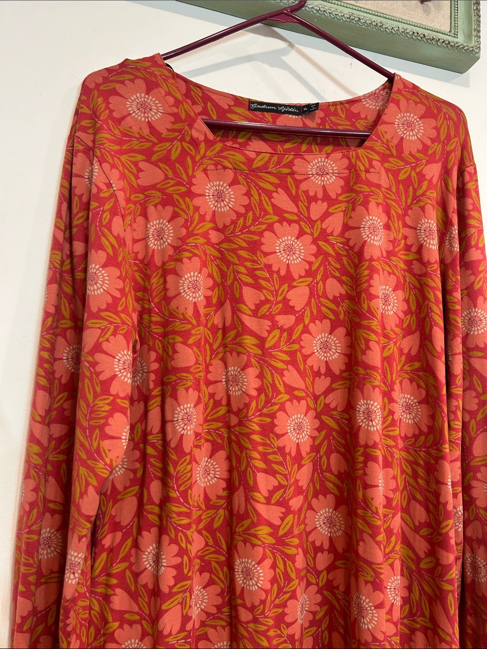 Gudrun Sjödén Women’s XL Rust Retro red Floral Long-Sleeve Shift Dress short - Picture 3 of 7